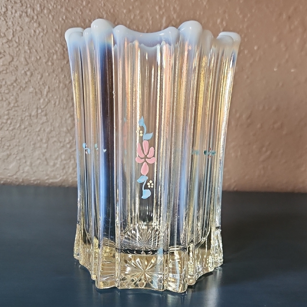 Fenton Rare Hand Painted, Signed Clear And Opalescent Vase Or Candle Holder